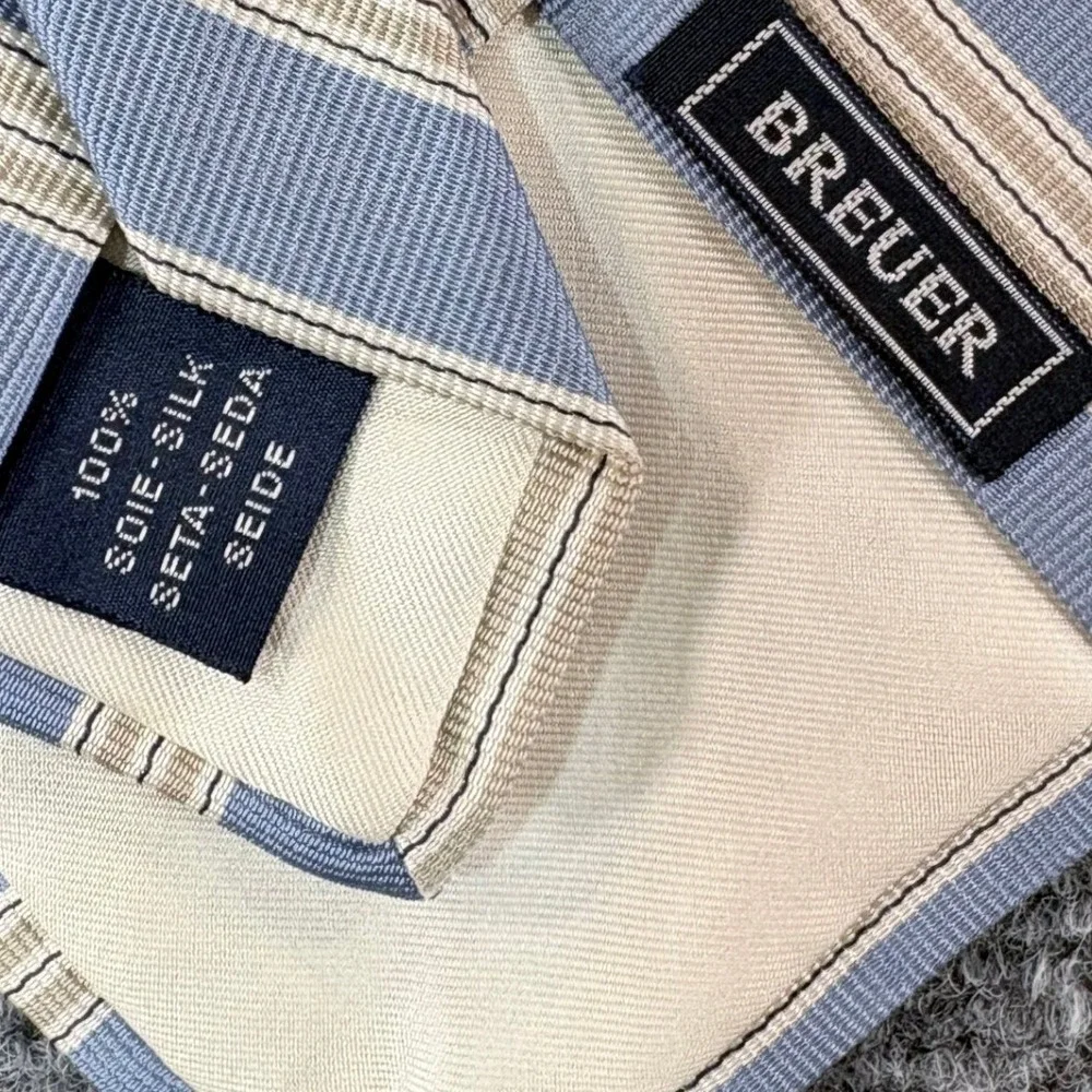Breuer Mens Silk Tie Light Blue Tan White Striped Handmade Necktie